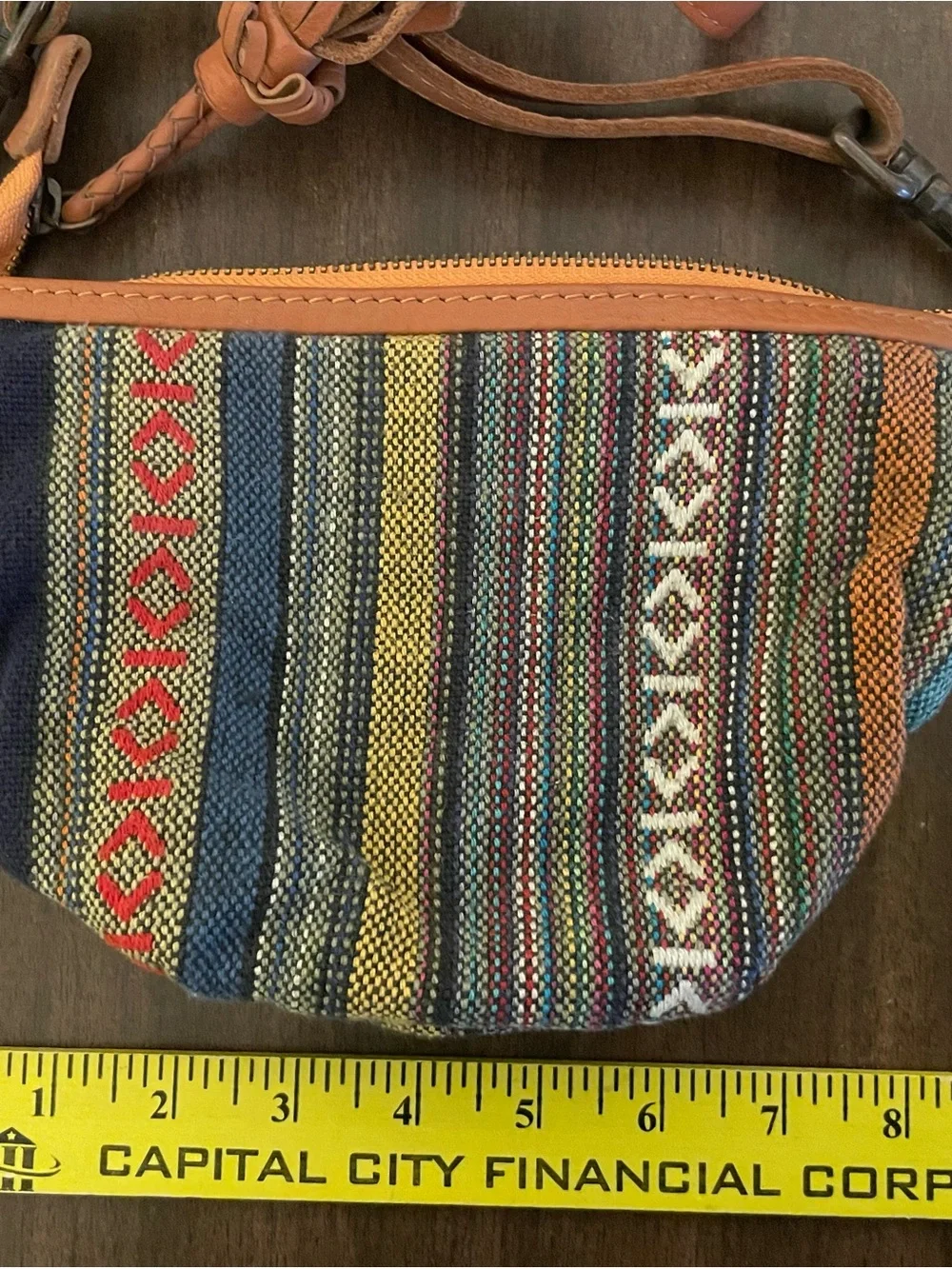 Multicolor Woven Crossbody Bag with Brown Trim